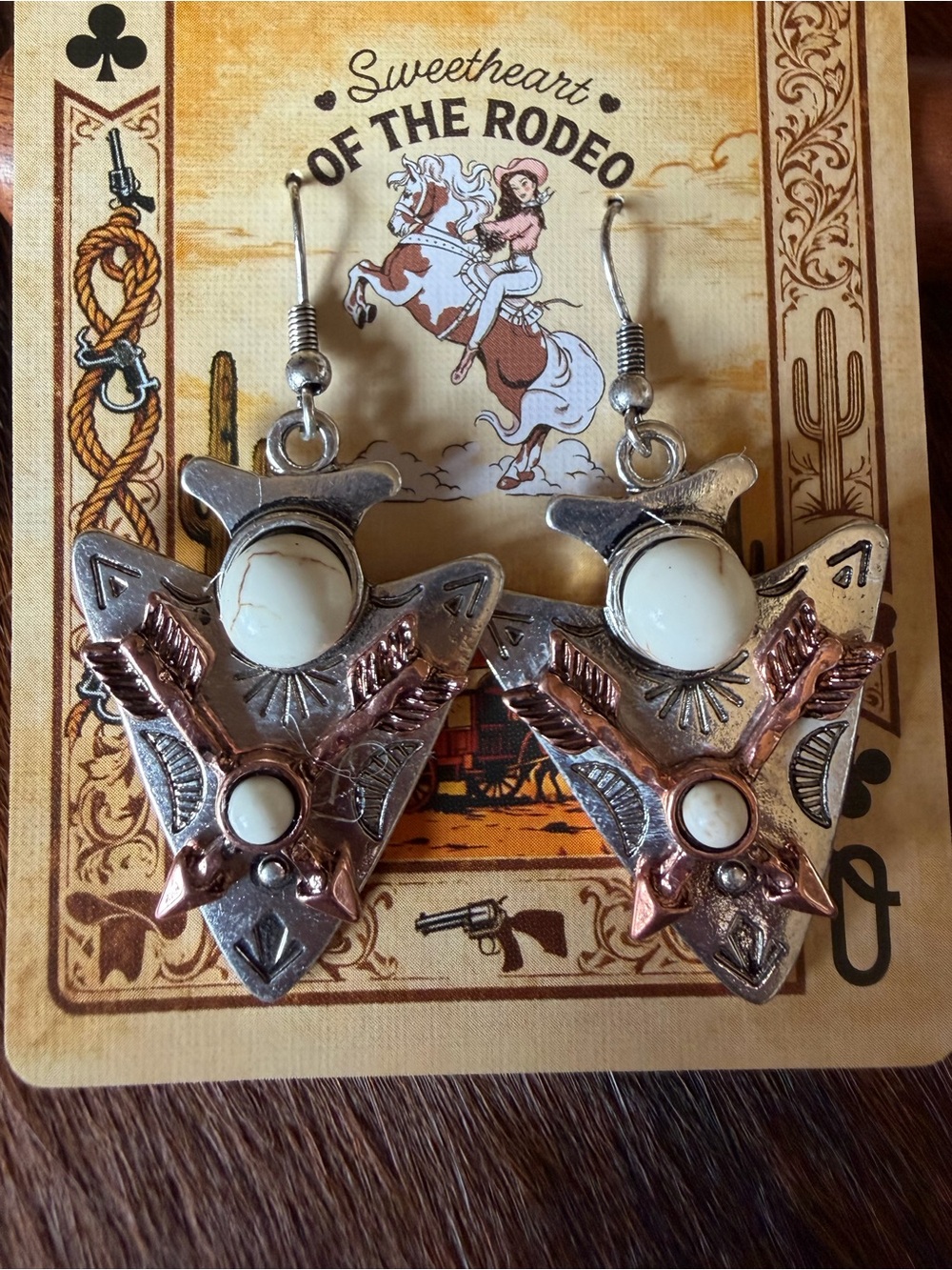 Western Boutique Silver Bronze Arrowhead Dangle Earrings White Turquoise NEW